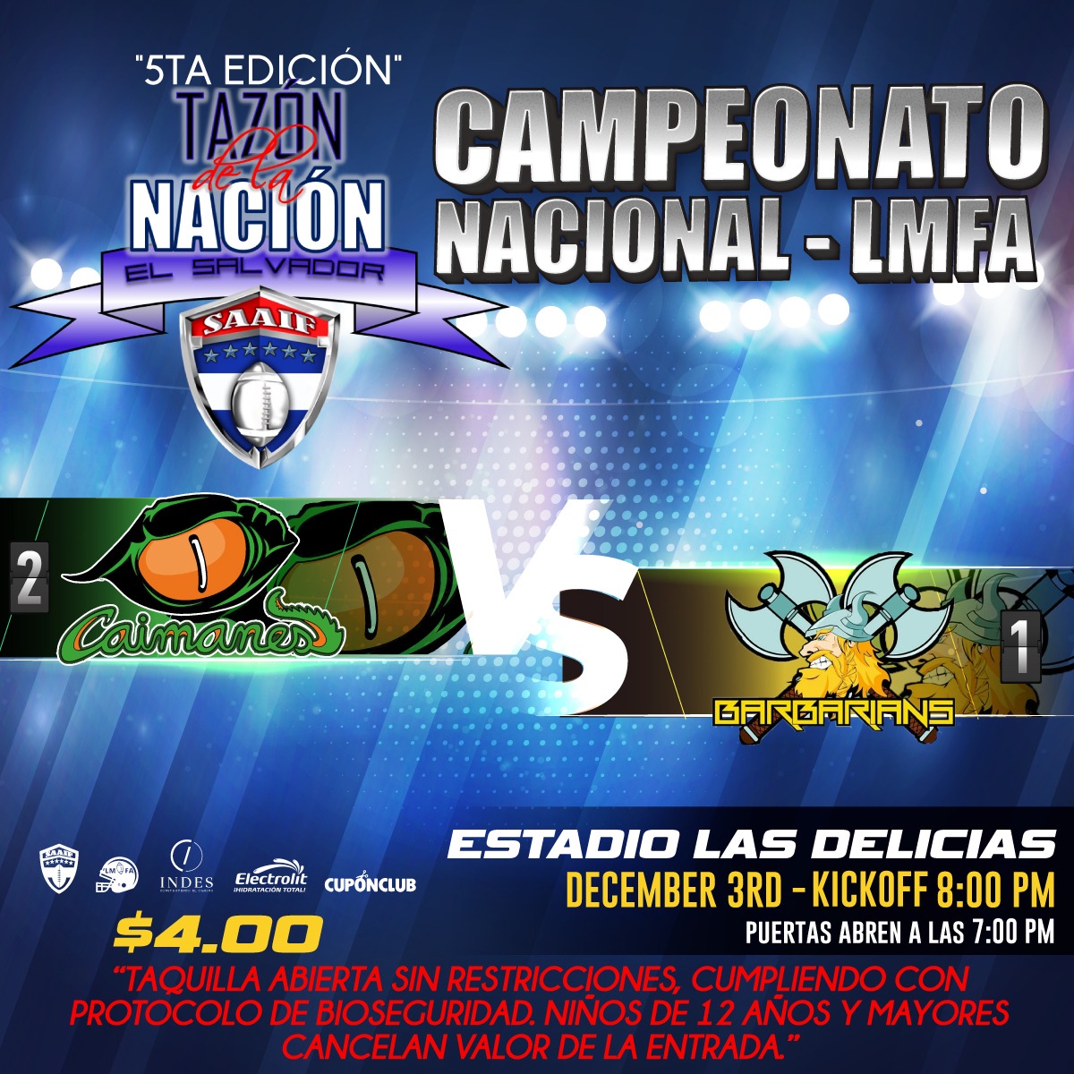 MAÑANA nos vemos para disfrutar de la quinta edición del #TazónDeLaNación
🏈Estadio Nacional Las Delicias 📆Viernes 3 de diciembre 2021 🕖Kickoff 8:00 P.M. (Puertas abren a las 7:00 P.M.) 🎫Entrada $4 (Niños de 12 años y mayores pagan entrada)🚫Prohibido ingreso de comida y 🥤
