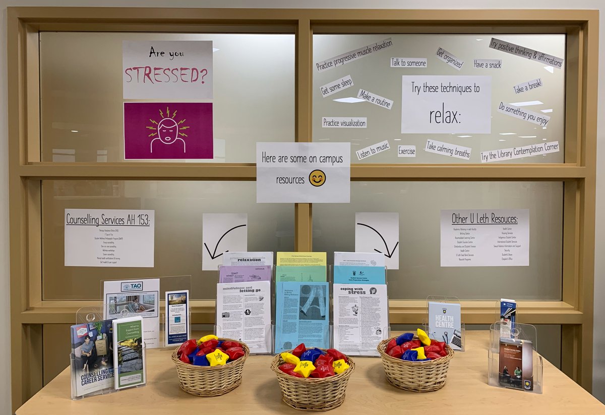 ulethlibrary's tweet photo. Do impending #exams & #projectdeadlines have you stressed out? 😭 Check out our display of campus resources to help combat the fatigue!
#uLethbridge #uLeth #ulethlibrary #stressfree https://t.co/kk3PFzaPw6