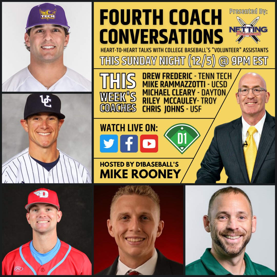 d1baseball's tweet photo. 👇  COMING THIS SUNDAY 👇

Fourth Coach Conversations with D1Baseball's @Mike_Rooney 
(Presented by @NettingPros) 

SET A REMINDER: https://t.co/2cMJA60lEx https://t.co/IY5KCOJyR6