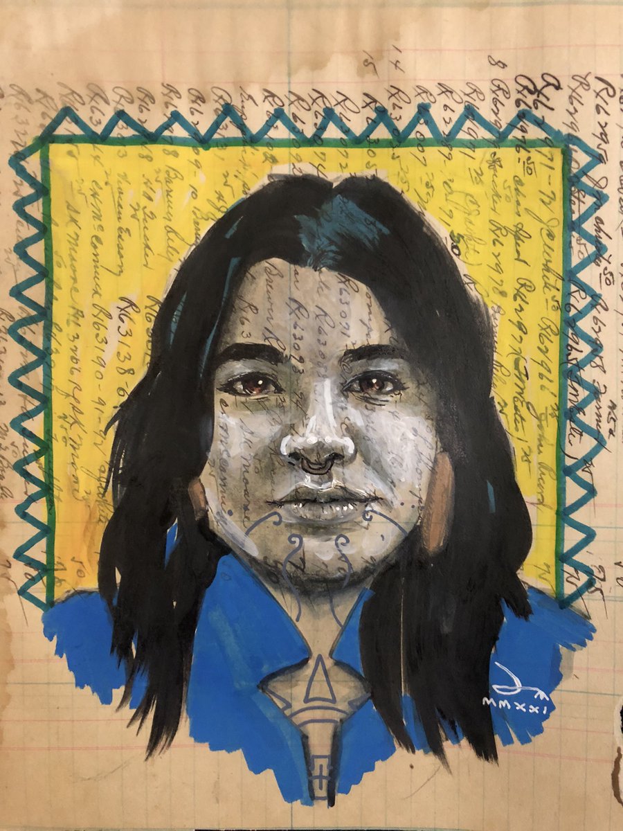 Dustign's tweet photo. Ledger doodle: Nannimoktani (to have a vision) Illustrated on antique 1918 #ledgerpaper #mixedmedia #ink #permapaque #copicmarkers 9x10” #seeme #chickasawartist  #ovac #fempower #americangod  #nativetattoo #muskogean #portrait #chickasaw #caddo https://t.co/vneHSLqnEU