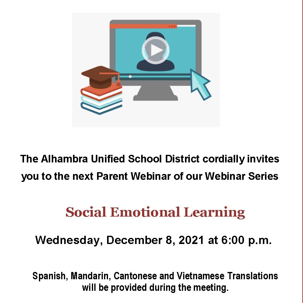 alhambrausd's tweet photo. Don’t miss the next #Gateway2Success Parent Webinar‼️
SOCIAL EMOTIONAL LEARNING
Wednesday, December 8th 6:00pm
Translations will be provided.
To register, click here:
https://t.co/0IggeVbpgQ
‼️Information was also sent to parents via email. https://t.co/g0xDaPYLnf