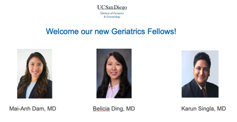 UCSDGeriGeroPal's tweet photo. We are so excited to welcome Mai-Anh Dam MD, Belicia Ding MD, and Karun Singla MD to the UCSD Geriatric Medicine Fellowship starting in July 2022! #ucsdgeriatrics #geriatrics #fellowshipmatch #geriatricsfellow https://t.co/yOnhpXyL5u