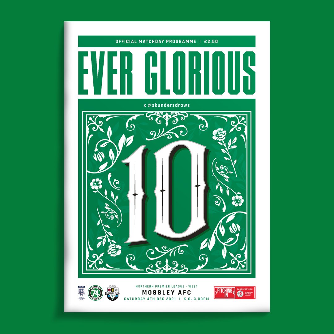 1874programme's tweet image. Saturday's programmes, today: 10/19.
@1874Northwich vs @MossleyAFC

Cover art this week comes from @skundersdraws, as the Greens look to bounce back against the playoff chasing Lilywhites. #EWEM