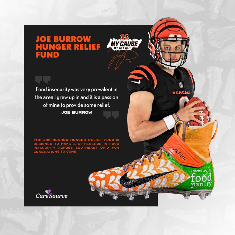 Bengals's tweet photo. 🖤 This Sunday, the Bengals will represent causes they believe in when lacing up. 🧡

#MyCauseMyCleats | @CareSource