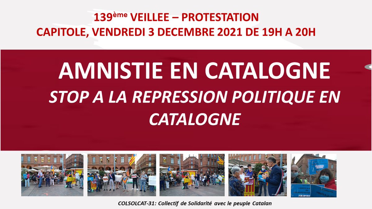Parce que vous n'aurez l'information ni sur les TV, ni sur les journaux français, participez à la veillée du Capitole le 1er vendredi du mois (19 à 20h) . Vous apprendrez que l'Espagne frappe, emprisonne et rançonne les républicains indépendantistes catalans
<a href="/Orenetesimerles/">Pit-roig 🎗</a>