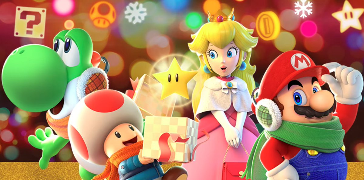 Holiday Yoshi, Toad, Peach, and Mario on your timeline and all the timelines you RT to ☃️