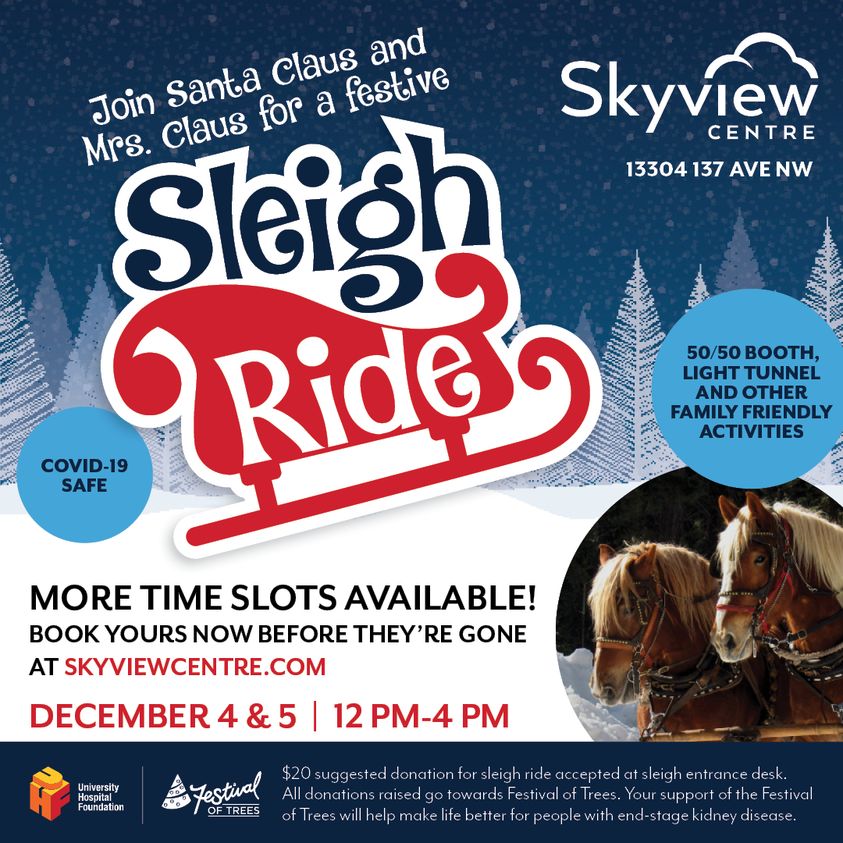 Family Fun Edmonton (@familyfunyeg) on Twitter photo Book a Sleigh Ride with Santa and Mrs Claus at Skyview Centre this weekend (December 4 & 5). Your monetary donation will go to directly help the <a href="/YEGFOT/">Festival of Trees</a> and their chosen cause for 2021 - helping those dealing with end-stage kidney failure.
familyfuncanada.com/edmonton/sleig… Book a Sleigh Ride with Santa and Mrs Claus at Skyview Centre this weekend (December 4 & 5). Your monetary donation will go to directly help the <a href="/YEGFOT/">Festival of Trees</a> and their chosen cause for 2021 - helping those dealing with end-stage kidney failure.
familyfuncanada.com/edmonton/sleig…