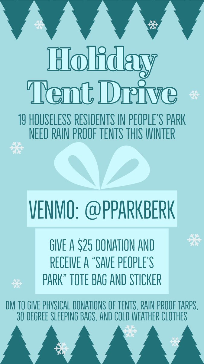 Please donate &amp; share !

Help us reach our goal of 19 tents for our community members during this winter season 

Venmo: pparkberk 

Direct Venmo link: venmo.com/code?user_id=3…