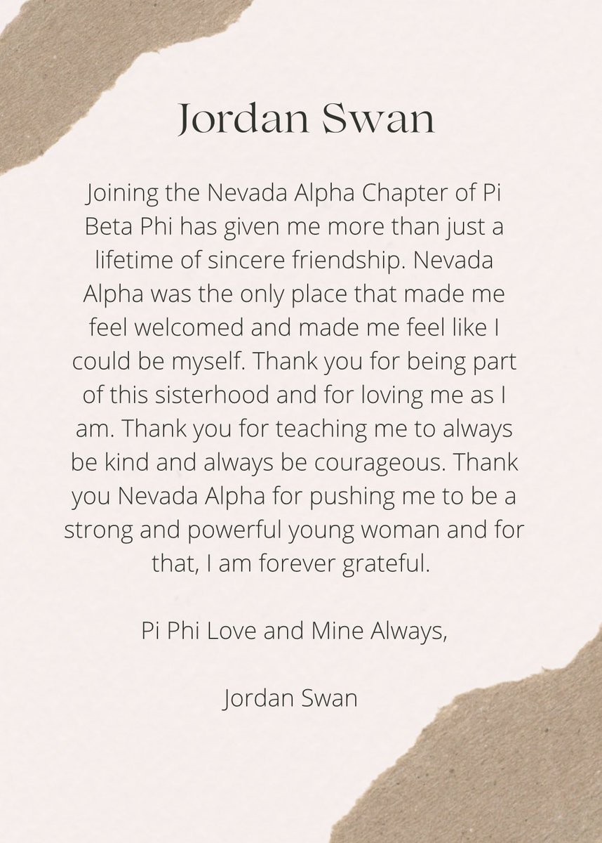 NevadaPiPhi's tweet photo. Jordan Swan served as our former Chapter President the year of 2020 with strength and optimism. Holding a huge position during the start of the pandemic was not a job that many would be able to handle, but she accomplished it regardless of the circumstances. Pi Phi Love &amp; Ours ❤️ https://t.co/uoieKSNSAc