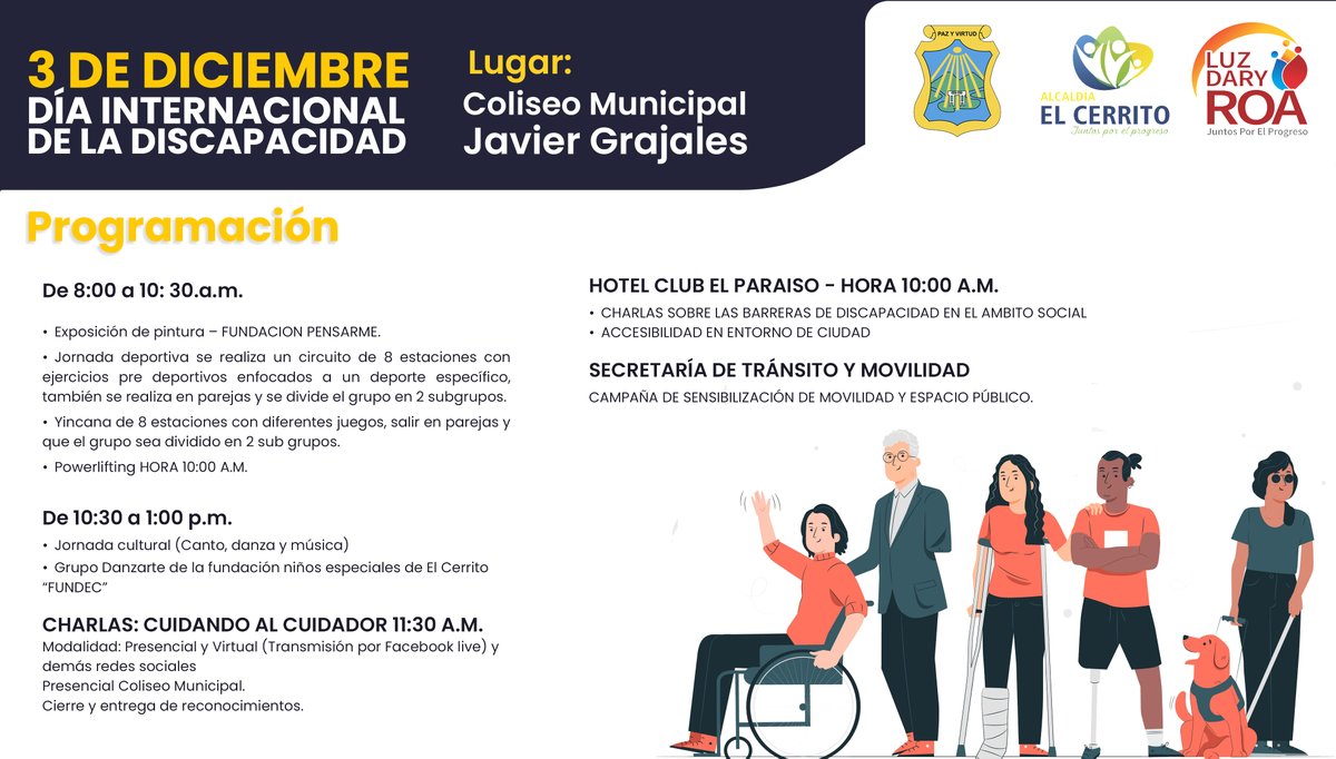 La Alcaldía Municipal invita a todos los Cerriteños a participar mañana 03 de diciembre del "Día Internacional de la Discapacidad", evento que se llevara a cabo en el Coliseo Municipal Javier Grajales.  Los esperamos!!

#JuntosPorElProgreso #ValleInvencible