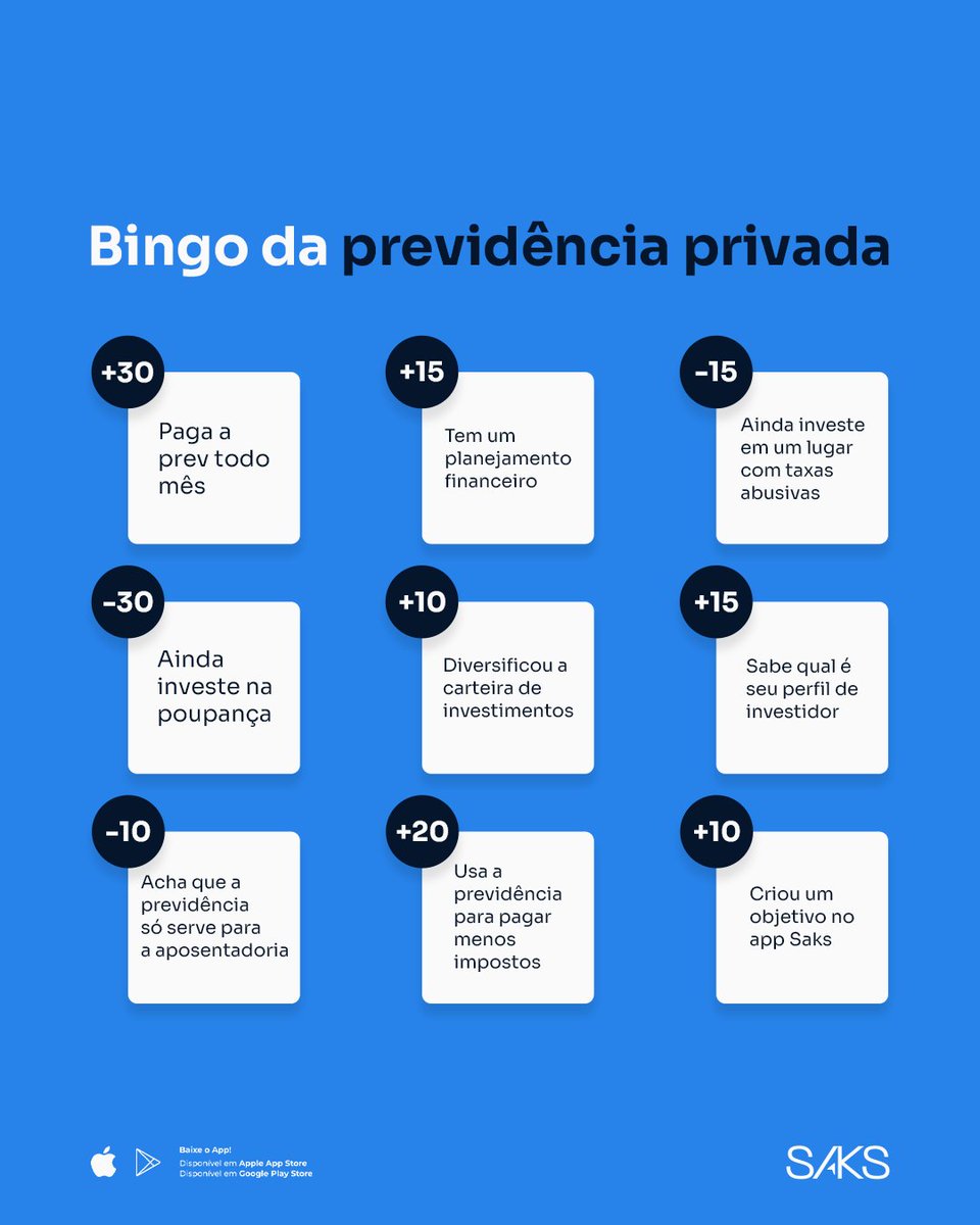 Olha o bingo! 📝

Quem já zerou o bingo da previdência privada? O importante é ter consistência, planejamento e diversificar. E é claro, investir sem taxas abusivas e com fundos de investimento de qualidade. Isso tudo você encontra na Saks.

#saks #previdenciapirvada