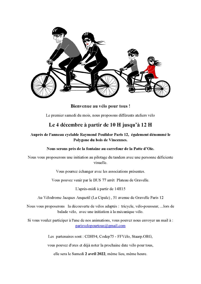 staarptandem's tweet photo. annonce de l'animation au Polygone bois de Vincennes ce Samedi 4 décembre de 10 H à 12 H. initiation pilotage tandem. Q https://t.co/nxQzeFNOlk : #velopourtous #handicap