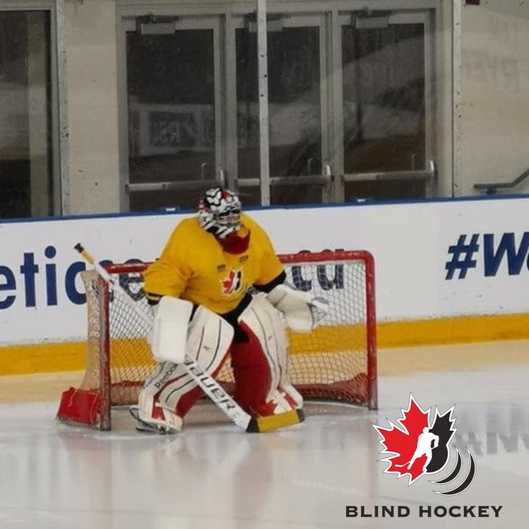 CDNBlindHockey's tweet photo. #TBT Joey Cabral stands in net for Team East at the 2019 Canadian National Blind Hockey Tournament at @MattamyAC. 

#Blind #Hockey #parasport https://t.co/3Yh8yXmz6H