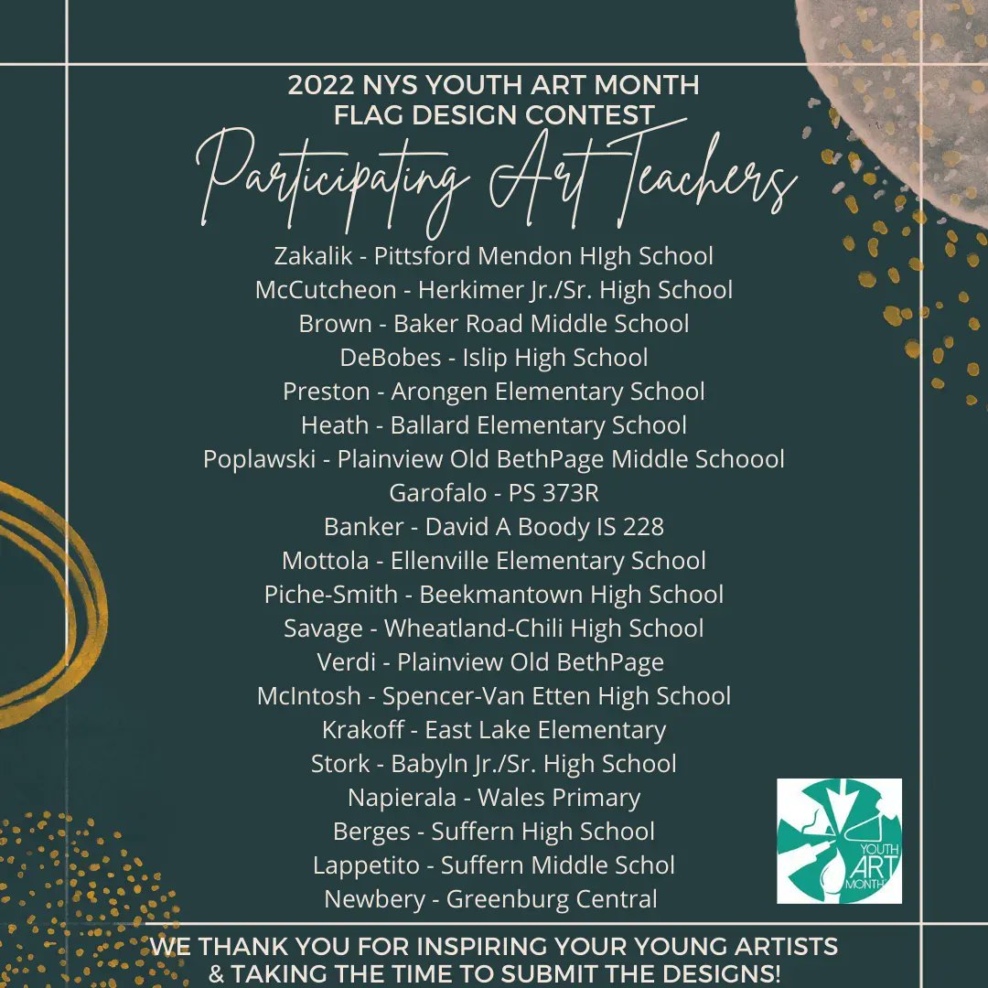 youthArtMonthNY's tweet photo. We want to shout out some amazing teachers!  They inspired their students to participate in the 2022 NYS Youth Art Month Flag design contest and took extra time to organize and submit!  THANK YOU ALL!! #nysYAM2022 #youthartmonth https://t.co/AwMtsdWdbA