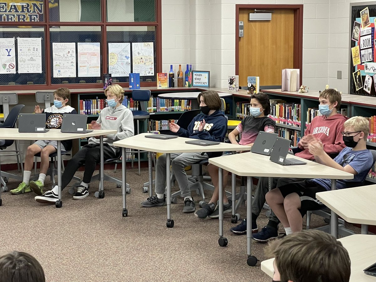 MahtomediMiddle's tweet photo. Students in Ms. Mancini’s ELA class celebrating their short stories today. Well done 7th grade!! #WeAre832 https://t.co/hodKf3Cdez