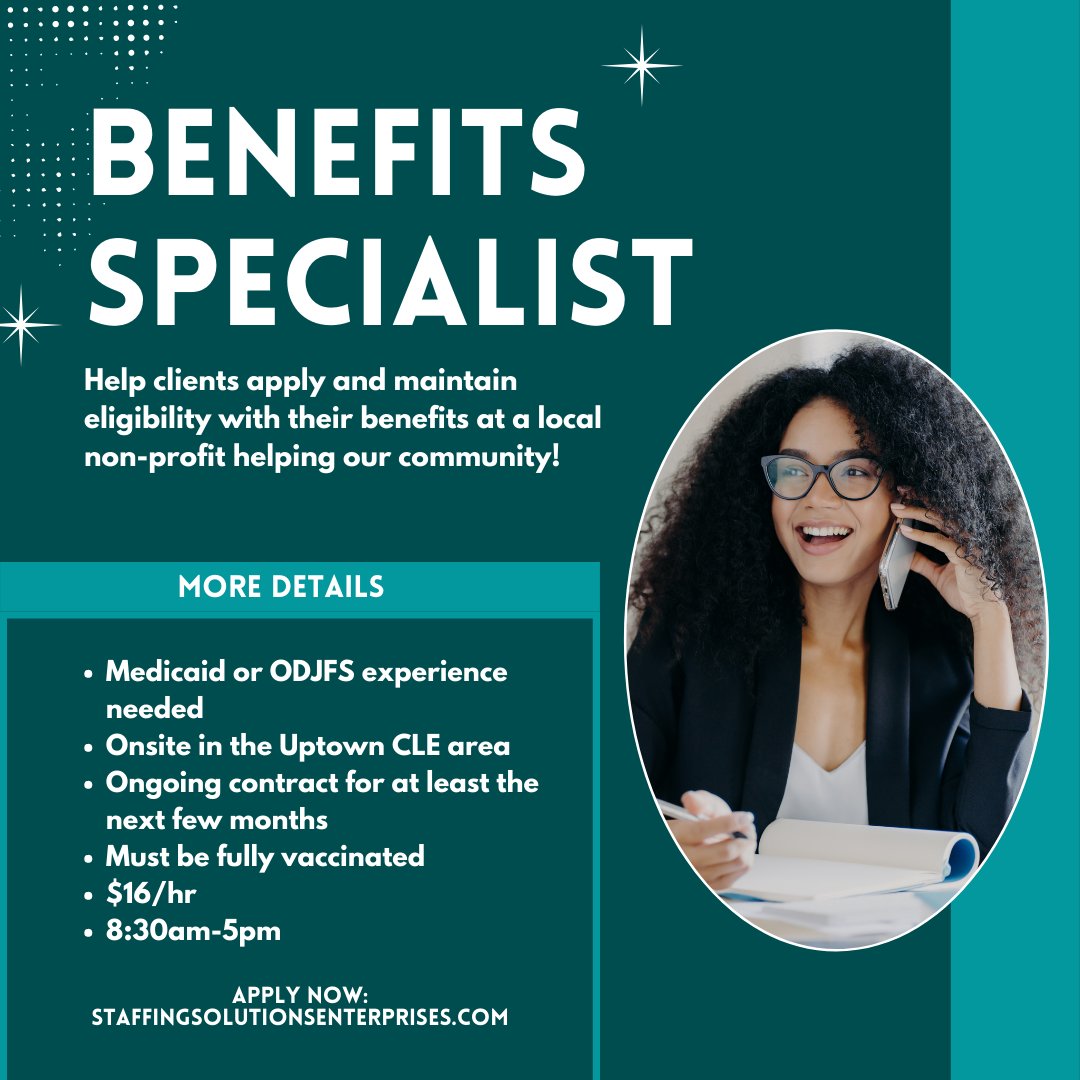 StaffSolEnt's tweet image. We're looking for a Benefits Specialist! If creating life-changing solutions for people in Northeast Ohio to lead healthier and more successful lives sounds good to you, check this out! 👇

Learn more &amp;amp; apply: ow.ly/kFQH50H2g9C