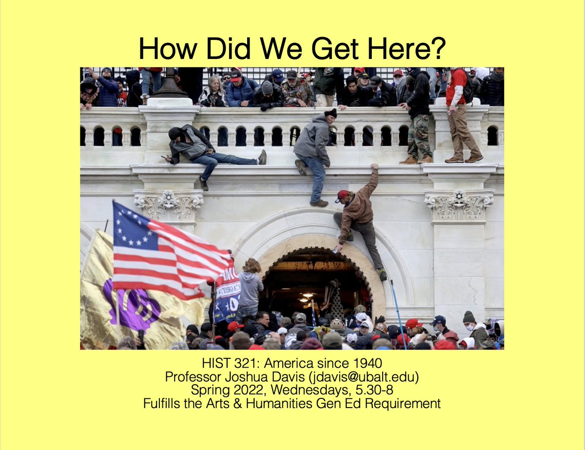 Registration's open for Dr. Davis's HIST 321 class at UBalt, Weds at 5.30

Includes: 
Black Lives Matter
Feminist + LGBTQ movements
The War on Drugs 
The rise of Trump
History of today's politics + political movements and much more