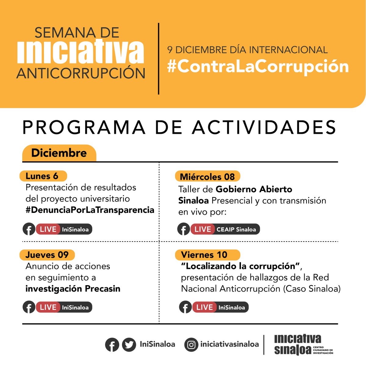 Del 6 al 10 de diciembre te invitamos a seguir la #SemanaIniciativaAnticorrupción🕵en el marco del Día Internacional Contra la Corrupción🚫
No te pierdas estas actividades 📅👇
