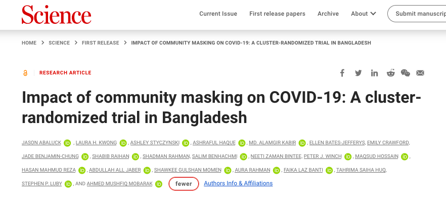 Published today in Science, RCT of 600 villages and nearly 350,000 people in Bangladesh using behavioral techniques to triple mask wearing, which in turn reduced COVID. 
Ungated: science.org/doi/10.1126/sc…
As you may gather from the author list it was a huge collaboration, BUT  1/2