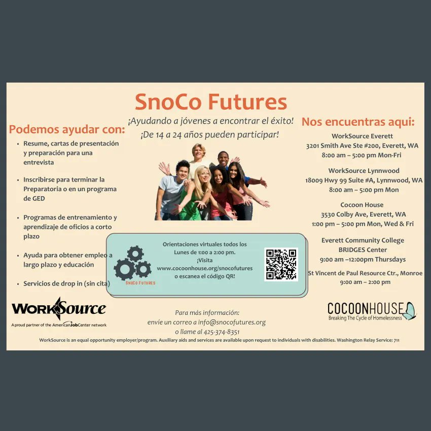 Connect with <a href="/WorkSourceSnoCo/">WorkSource Snohomish</a> and <a href="/Cocoon_House/">Cocoon House</a> for help with resumes, GED, employment, and education. cocoonhouse.org/snocofutures