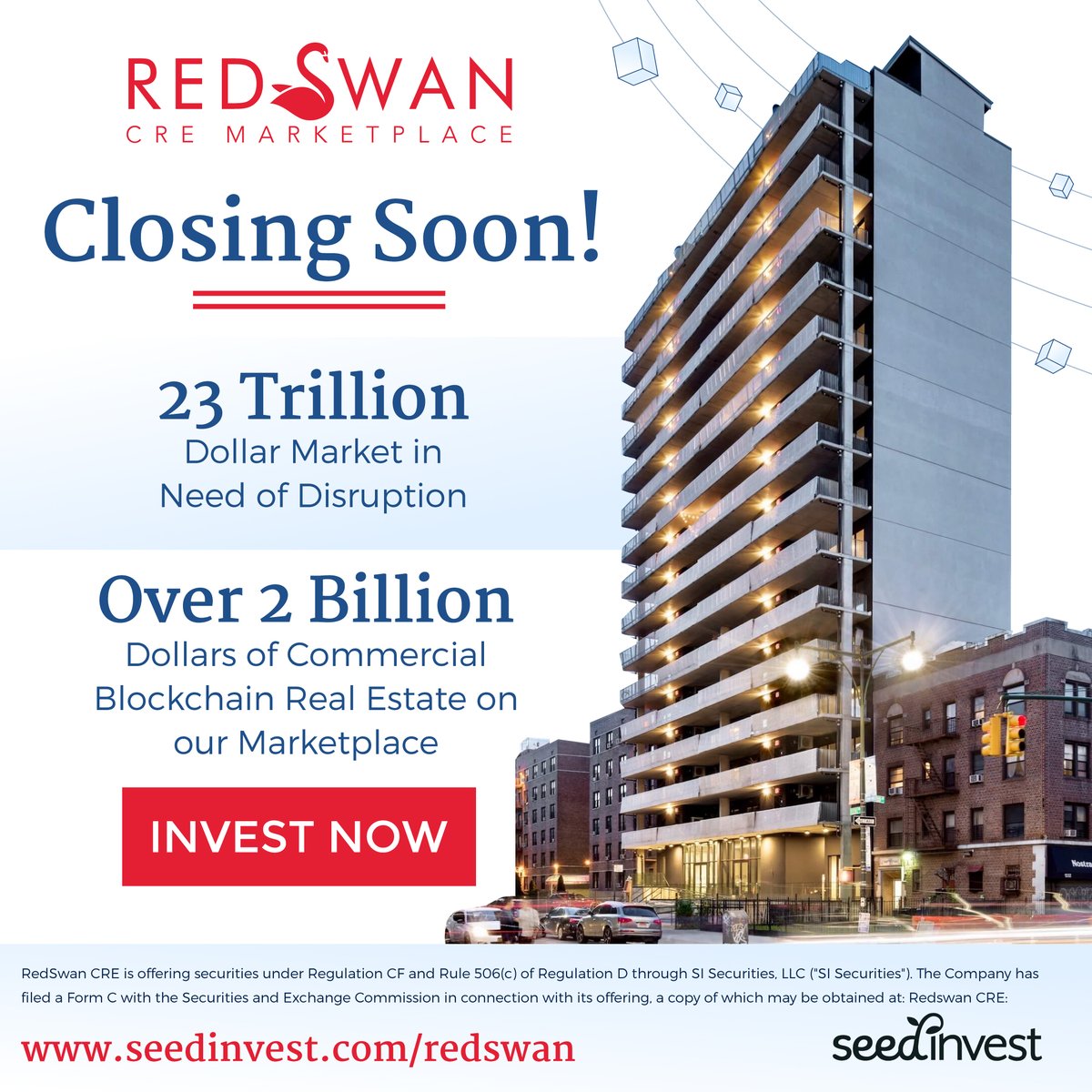 RedSwanDigital's tweet photo. Closing soon! Don't miss your chance to #invest in @RedSwanCRE through our #SeedInvest platform! 
Invest in and own a part of @RedSwanCRE. 
https://t.co/eX4IBBC0Kc
#cre #blockchain #Redswancre #crowdfund https://t.co/pda8LtkzWN