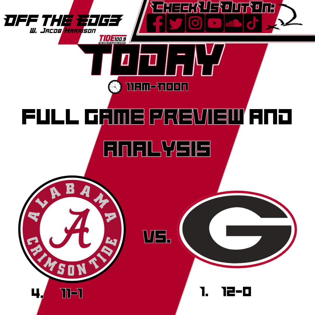 OffTheEdge1009's tweet photo. Happy Friday everyone! It's almost time for one of the biggest games of the year! Join your host of OTE, @JHarrisonOTE, to hear his take on tomorrow's game!

Join the conversation! (205) 342-9904

#AlabamaCrimsonTide #AlabamaFootball #SECFootball #CollegeFootball #RollTide https://t.co/ySlYfleBIi
