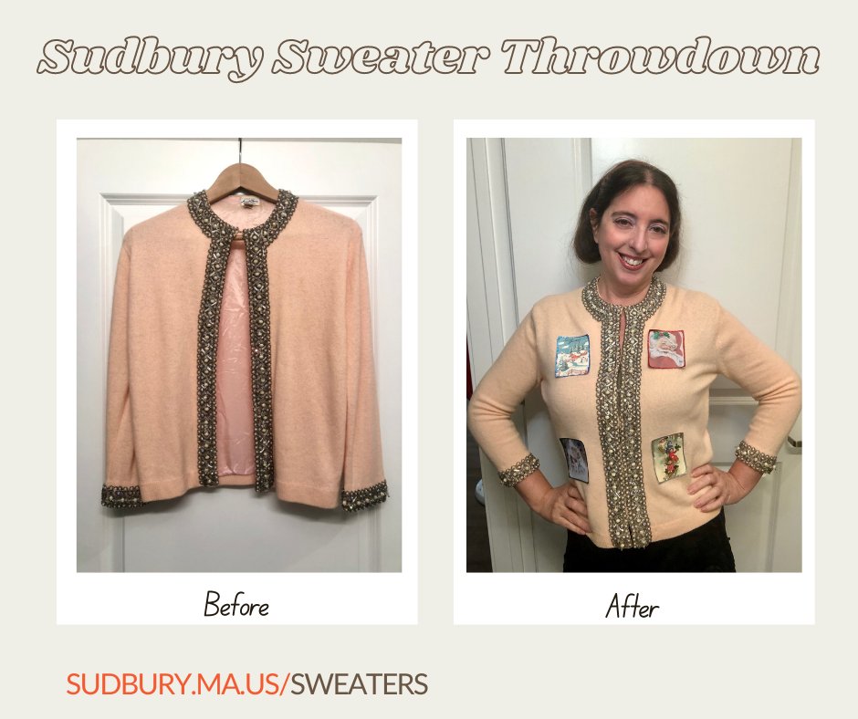Sudbury_Town's tweet photo. Cheryl Wallace started with a vintage cardigan for her "Most Retro" Sweater Throwdown entry. From there, she hand-glittered and affixed vintage holiday images to complete the throwback style. 2 DAYS LEFT to enter the Throwdown! https://t.co/nbw2lDlsLw https://t.co/nv1WxWkLjQ