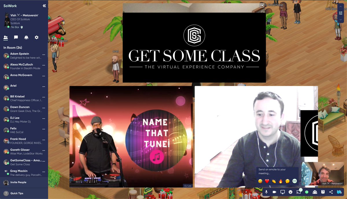 GetSomeClass's tweet photo. We had a blast running @AlumniStartups Jingle &amp; Mingle holiday party at HAE's HQ on @sowork_  

Check out our DJ host, cocktail making, a rocking name that tune gameshow, and tons of jingling and mingling!

#holidayparty #entrepreneurs #virtualevents #fun #employeeengagement https://t.co/rRPcYbSp3i
