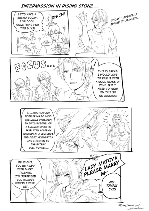Intermission in Rising Stone with my WoL. 
 #ShbMildSpoilers #Endwalker #FFXIVART  
Thanks to Kyrie to help me proofread! 