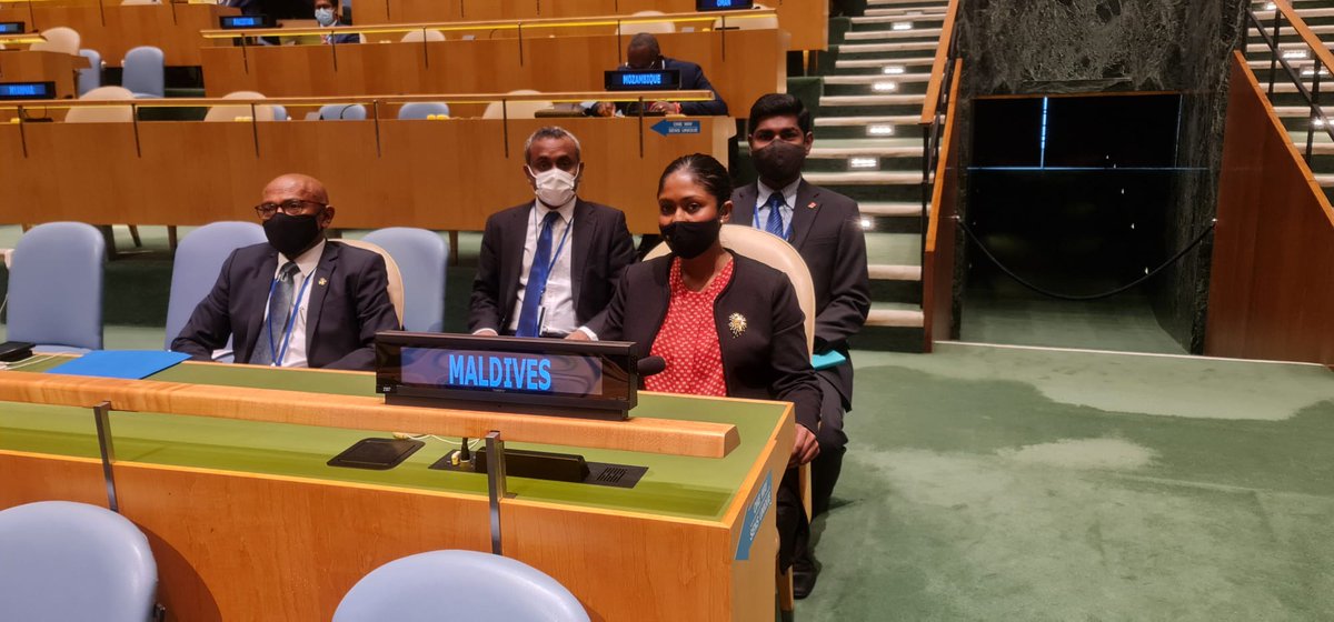 At the #UNGA76 debate on “Sport for development and peace” HE <a href="/SeaweedLatheef/">Ahmed Latheef</a> emphasized the importance that #Maldives has placed on sports education, inclusivity, and health; and the continued  significant investments in sports infrastructure vital to  our communities and youth