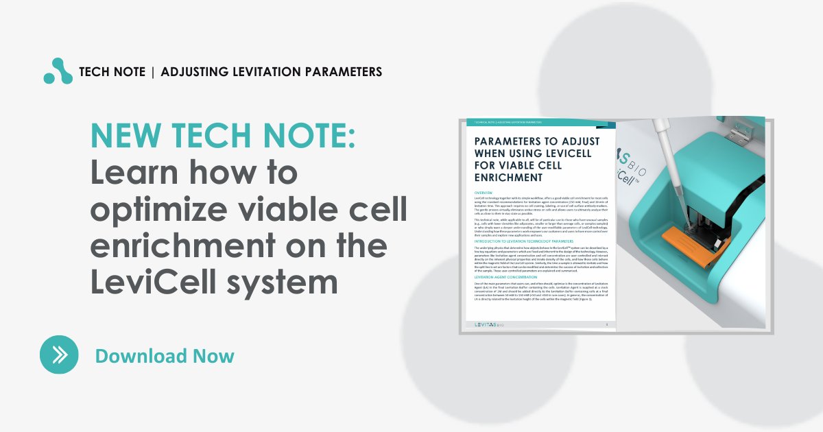 levitasbio's tweet photo. Our novel levitation technology enables viable cell enrichment and removal of dead cells and debris in parallel. Read our latest #technicalthursday tech note to learn how you can adjust certain parameters on the #LeviCell system to optimize your results. https://t.co/kuDHVnZNX1 https://t.co/n2mq8Mzxrp