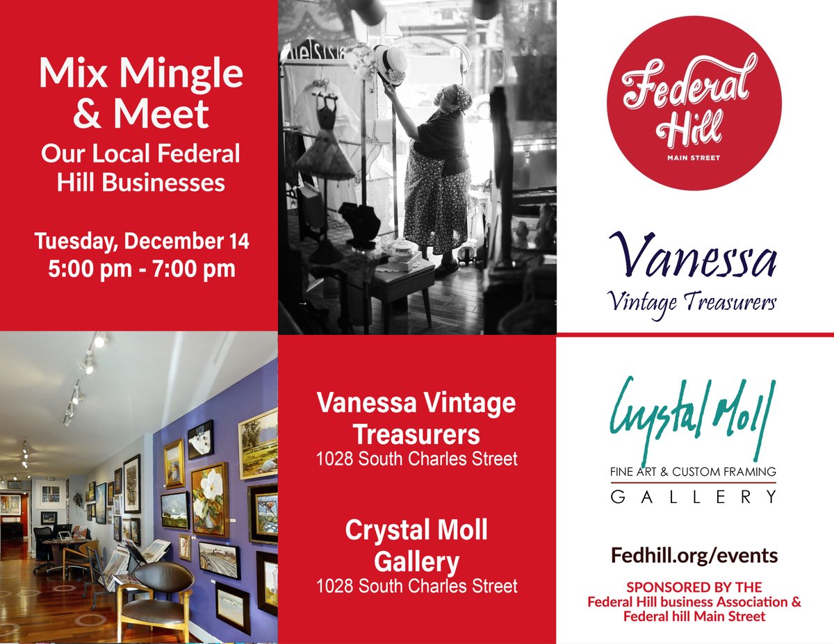 CrystalMoll's tweet photo. 21 Artist of 2021. Opening Reception Dec 11th / 4-6 - https://t.co/oxt3tAZ6Bw
Federal Hill Holiday Fun kicks off with Sip &amp; Shop Friday Dec 3rd from 4-7. Saturday the 4th, kids, pets will enjoy Santa &amp; crafts on E Cross St starting @ 1 pm
#crystalmollgallery #mybmore #fedhill https://t.co/WKLebVzu2E