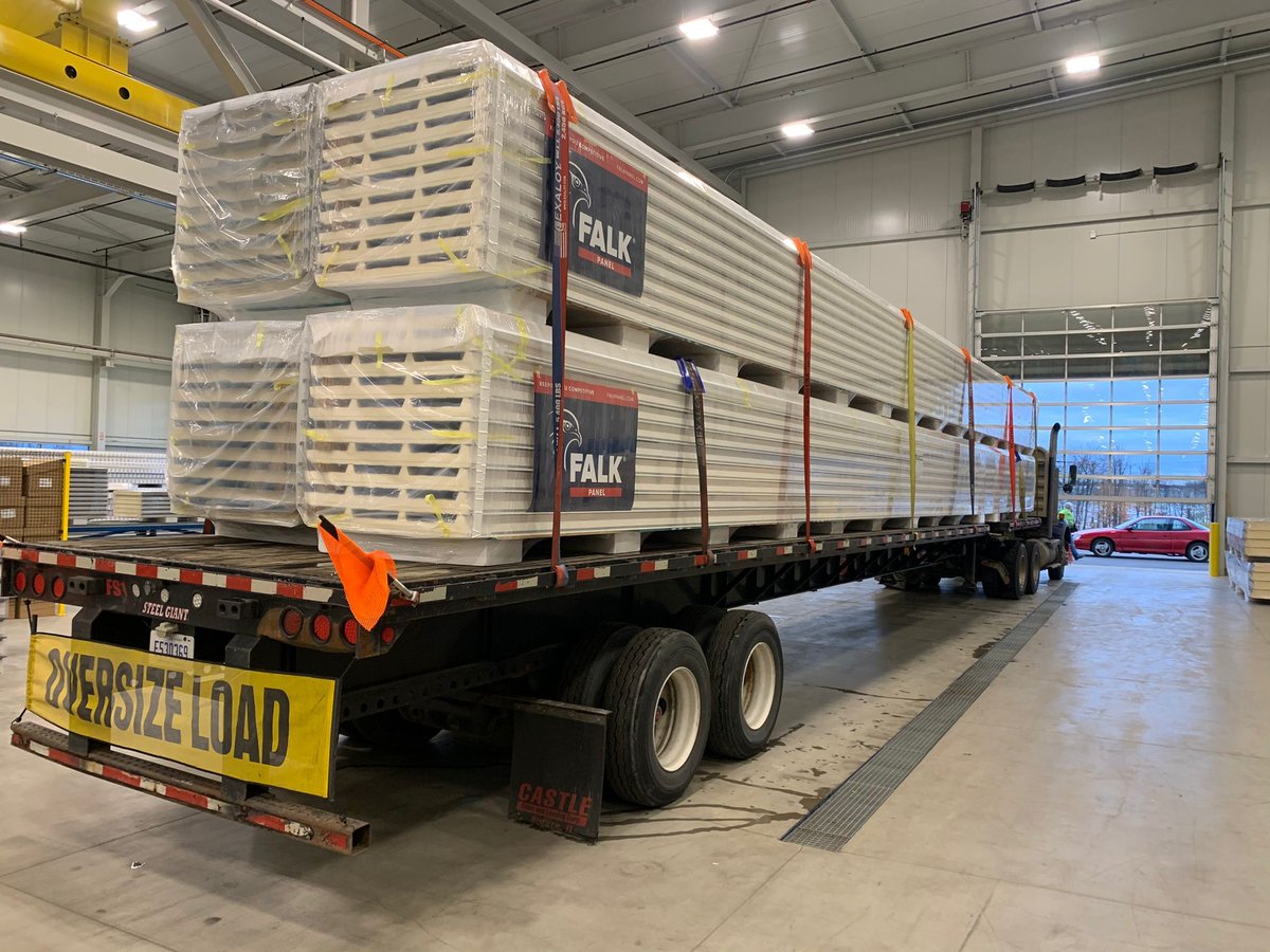 FalkPanel's tweet image. Transporting oversized loads can be a project in themselves and are tricky to manage on projects too.  FALK Panel can manufacture and ship Insulated Metal Panels up to 82 ft in length.  Look at this 58 ft panel going out the door on one of our extended trailers.  #IMPs #AIA #LEED