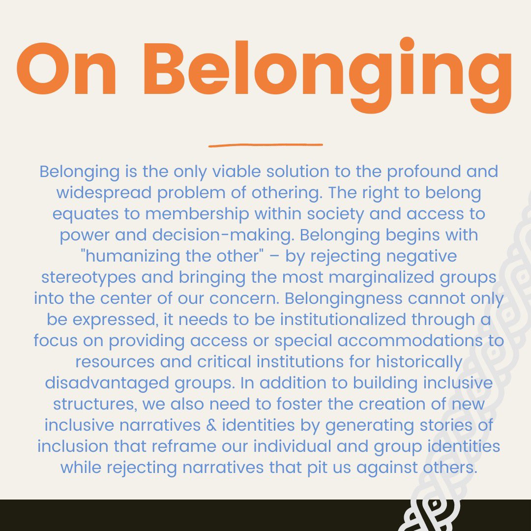 Slide 4: Header reads “On Belonging,” body text begins “Belonging is the only viable solution to the profound and widespread problem of othering...”