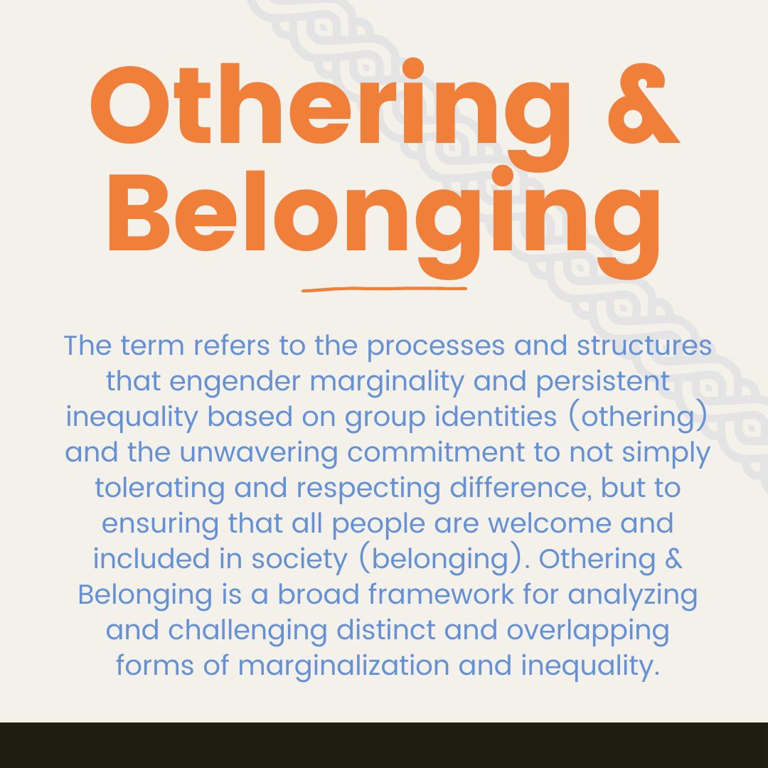 Slide 2: Header text reads “Othering & Belonging,” body text begins “The term refers to the processes and structures that engender marginality and persistent inequality based on group identities (othering) and the unwavering commitment to not simply tolerating and respecting difference, but to ensure that all people are welcome and included in society (belonging)...”