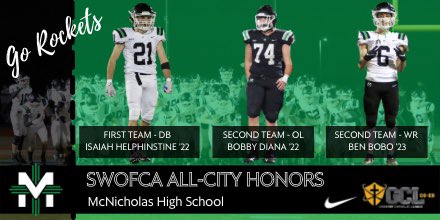 McNRocketFtball's tweet photo. Congrats to Isaiah Helphinstine, Bobby Diana, and Ben Bobo on being named to the 2021 SWOFCA All-City Team

#Stature #BondedTogether https://t.co/l2ryyipY0B
