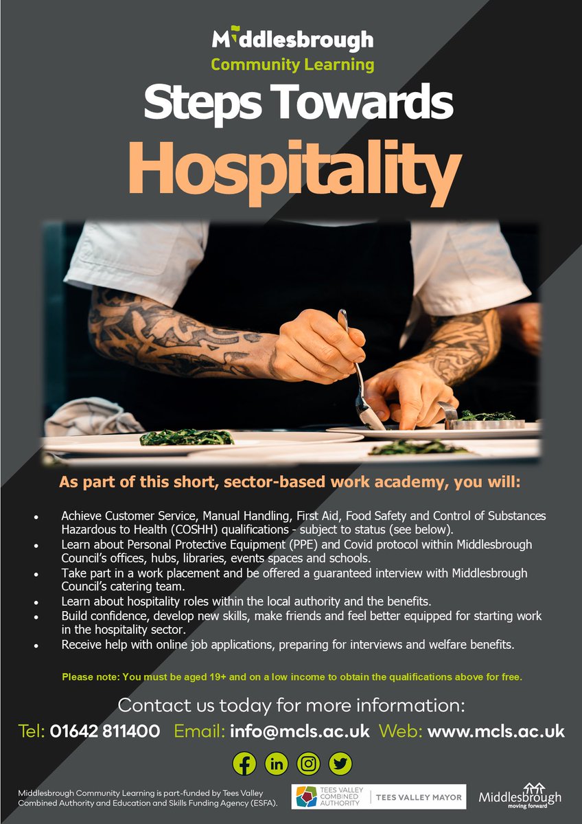 mbrolearn's tweet photo. Want to work in a catering role for #middlesbroughcouncil Why not join us on our newest steps towards intro course, and gain everything you need to start work 👍
#boro #work #jobs #catering #hospitality #teesside #teesvalley #tcva
@ChoosingPathway @TeesCareers @JCPinDurhamTees https://t.co/NAr6Gsacym