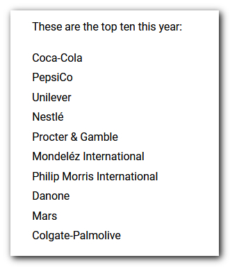 carlesdijous's tweet image. The top #plastic #polluters 2021. In it's annual report Break Free From Plastic ranked the world's biggest plastic polluters. bit.ly/3luE5l2