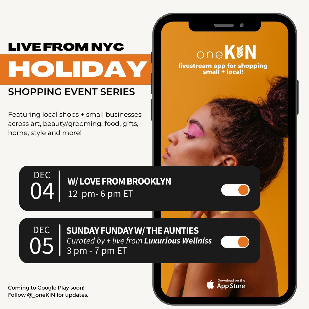 _oneKin's tweet photo. We're kicking off the first set of our livestreamed holiday shopping series via oneKIN livestream app this weekend!

We'll be featuring local shops + small businesses across art, beauty/grooming, gifts, home, style and more! Stay tuned to see our lineup. https://t.co/J38ondFaW6