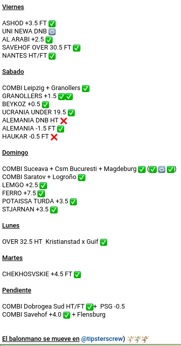 Así fueron los últimos 5 días de mi servicio de picks para el mes de noviembre en <a href="/tipsterscrew/">Tipsterscrew</a>
 
Un mes difícil al principio, pero al final logramos remontar y entregar la inversión y un buen beneficio a nuestros clientes

El Balonmano se mueve en <a href="/tipsterscrew/">Tipsterscrew</a> 

#HandballPicks