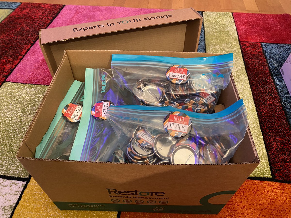 RMGirlUK's tweet photo. Just sorted my @RMGirlHQ pronoun badges back into some sort of order. With thanks to @RT_GilbyIM for hosting them during #IRMS21 and to @RestoreStorage for their box after seeing me struggle. https://t.co/mjGH4bC3Fr
