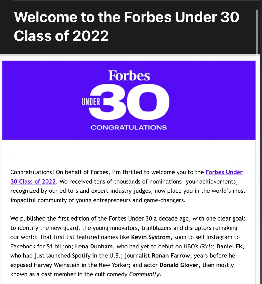 At 10, I was applying for EBT with my family because we didn't have food. At 13, I was sleeping in an office closet because we didn't have a home. At 19, I was working 3 jobs in college to pay our bills.

I'm 24 now, and I'm crying to be selected as a Forbes 30 Under 30 member.