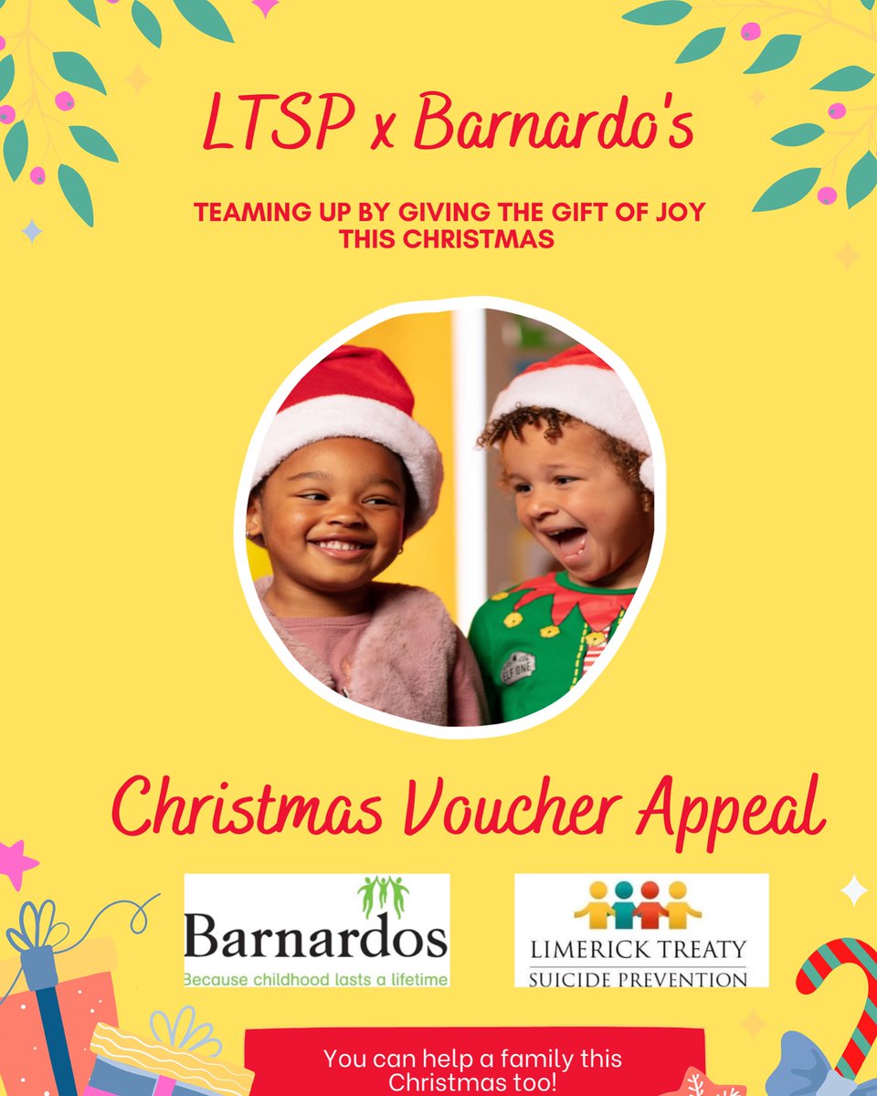 Limerick Treaty Suicide Prevention_LTSP (@ltsp_suicide) on Twitter photo Our giving back 2021 campaign has kicked off this Christmas 🎄
Our mantra is to help those who need us. This year we are teaming up with <a href="/Barnardos_IRL/">Barnardos Ireland</a> to provide family’s with joy this Xmas 🎁
DM us if you’d like to help along with us & we will share all the info
#giving Our giving back 2021 campaign has kicked off this Christmas 🎄
Our mantra is to help those who need us. This year we are teaming up with <a href="/Barnardos_IRL/">Barnardos Ireland</a> to provide family’s with joy this Xmas 🎁
DM us if you’d like to help along with us & we will share all the info
#giving