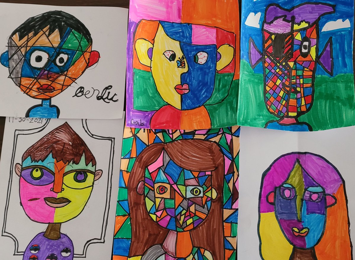 mfoster1704's tweet photo. The students did a great job on their Pablo Picasso inspired self portraits. I loved hearing the meaning behind their drawings! @CVESwarriors @alabamagifted https://t.co/4mvVz361xW