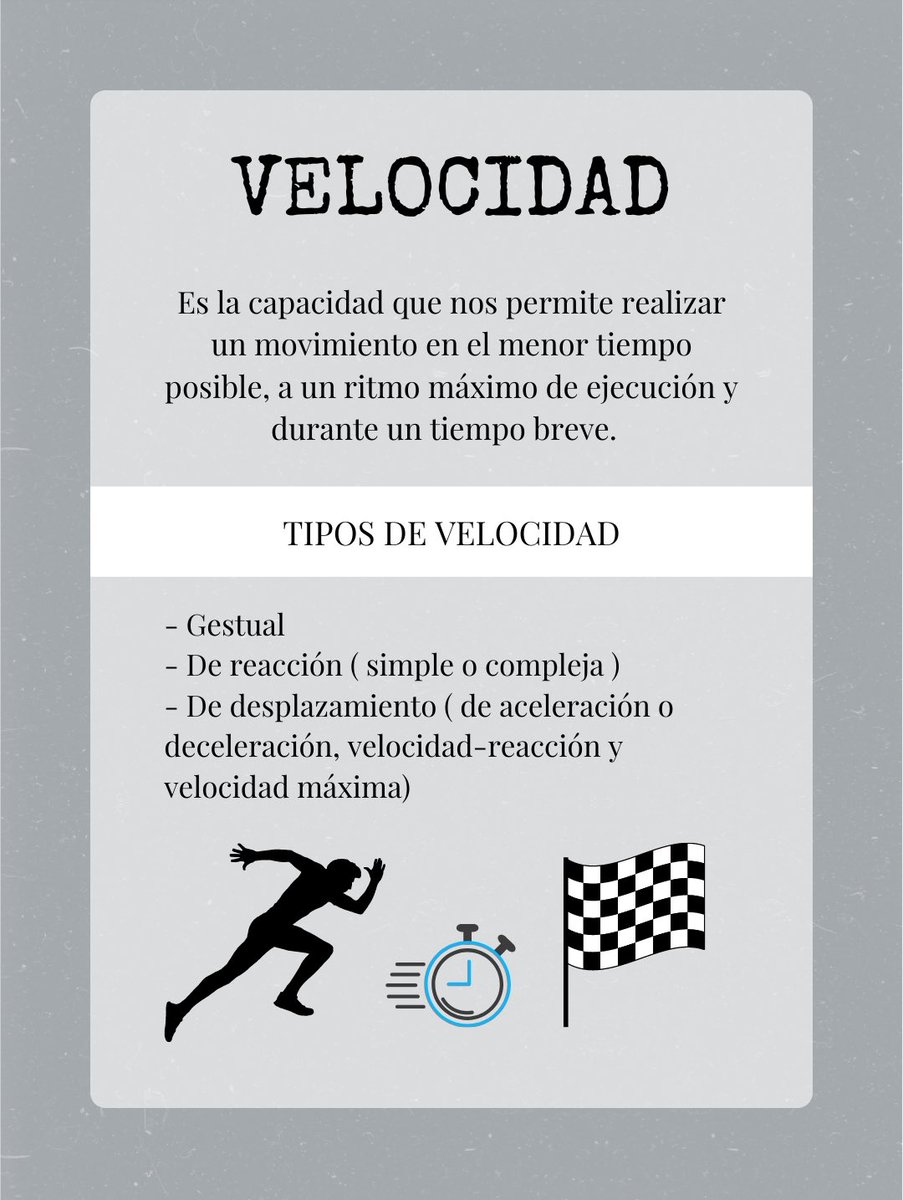Actividad_Salud's tweet photo. 🏁VELOCIDAD🏁

Esprintar es la parte más importante de la competencia motriz ( habilidades locomotoras). Y se relaciona con la fuerza y el salto. 

Seguro que todos conocéis el término velocidad, pero… ¿Conocéis los tipos que hay? Los tenéis aquí ⬇️

@EFsaludable_UIB #22121_UIB https://t.co/vn1ynqr5ue