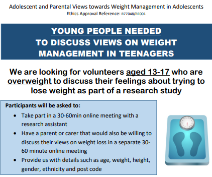 Please help with this research -teenagers living with overweight and their parents needed to discuss how this affects their lives.  For more info or to get involved please email Melissa.little@phc.ox.ac.uk or sign up here bit.ly/3p05GLZ or contact <a href="/LondonDietitian/">Melissa Little</a>
