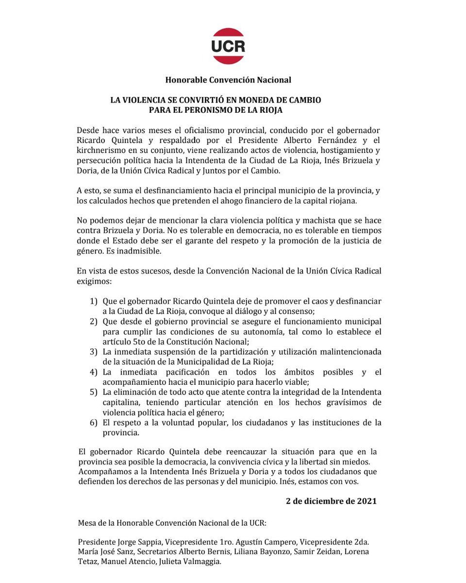 ‼ Comunicado de la Convención Nacional de la <a href="/UCRNacional/">Unión Cívica Radical</a> 
⚠️ Acompañamos a la Intendenta <a href="/ines_byd/">Inés Brizuela y Doria</a> y a toda la ciudadanía que defiende los derechos de las personas y del municipio. 
Inés, estamos con vos‼