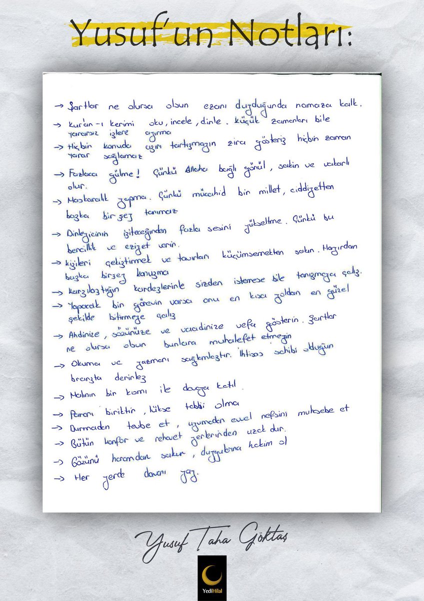 İnsan,İslamla insan oldu.İslam siyasetten çekilince kadın erkeğin,siyah beyazın kölesi oldu.
Yusuf,Kağan,Murat ve Tarık...Yusuf,4 gencin sözcüsü gibi yaşadıkları İslam'ı vasiyyet hükmünde yazdı.
Bizi kardeşlerimizle Efendimizin(as) sancağı altında buluştur YaRabbi #YusufunNotları
