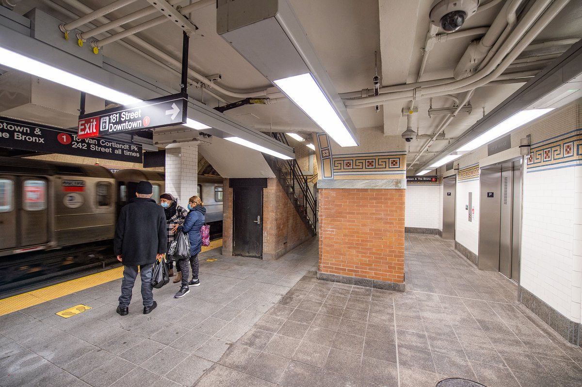 MTA's tweet photo. After 12 months, the 181 St 1 line station has officially reopened with 4 brand-new elevators.

Now, you can take an elevator directly to or from the northbound platform!

We completed the full replacement 3 months ahead of the originally scheduled opening date of March 2022 🎉 https://t.co/f8guYz3cjG