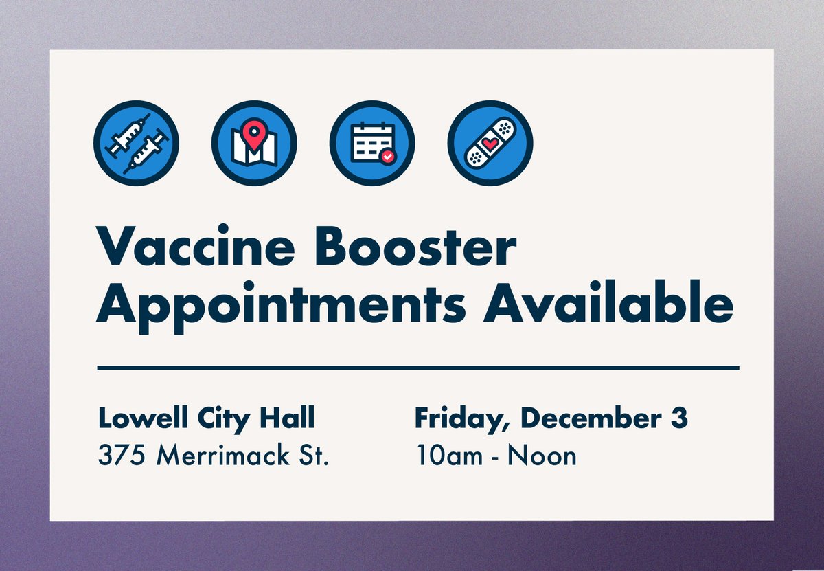 CityofLowellMA's tweet photo. There are several appointments available at the City of Lowell's COVID-19 vaccine/booster clinic tomorrow at City Hall. Register online: https://t.co/g6EriszmHK https://t.co/AZgbpQMDJr